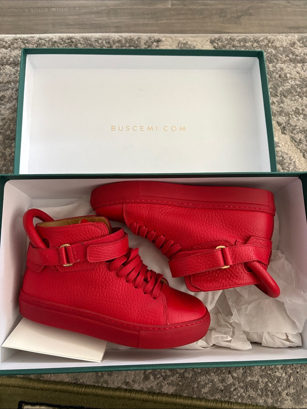Buscemi Kids Red Leather High-Top Sneakers with Gold Hardware